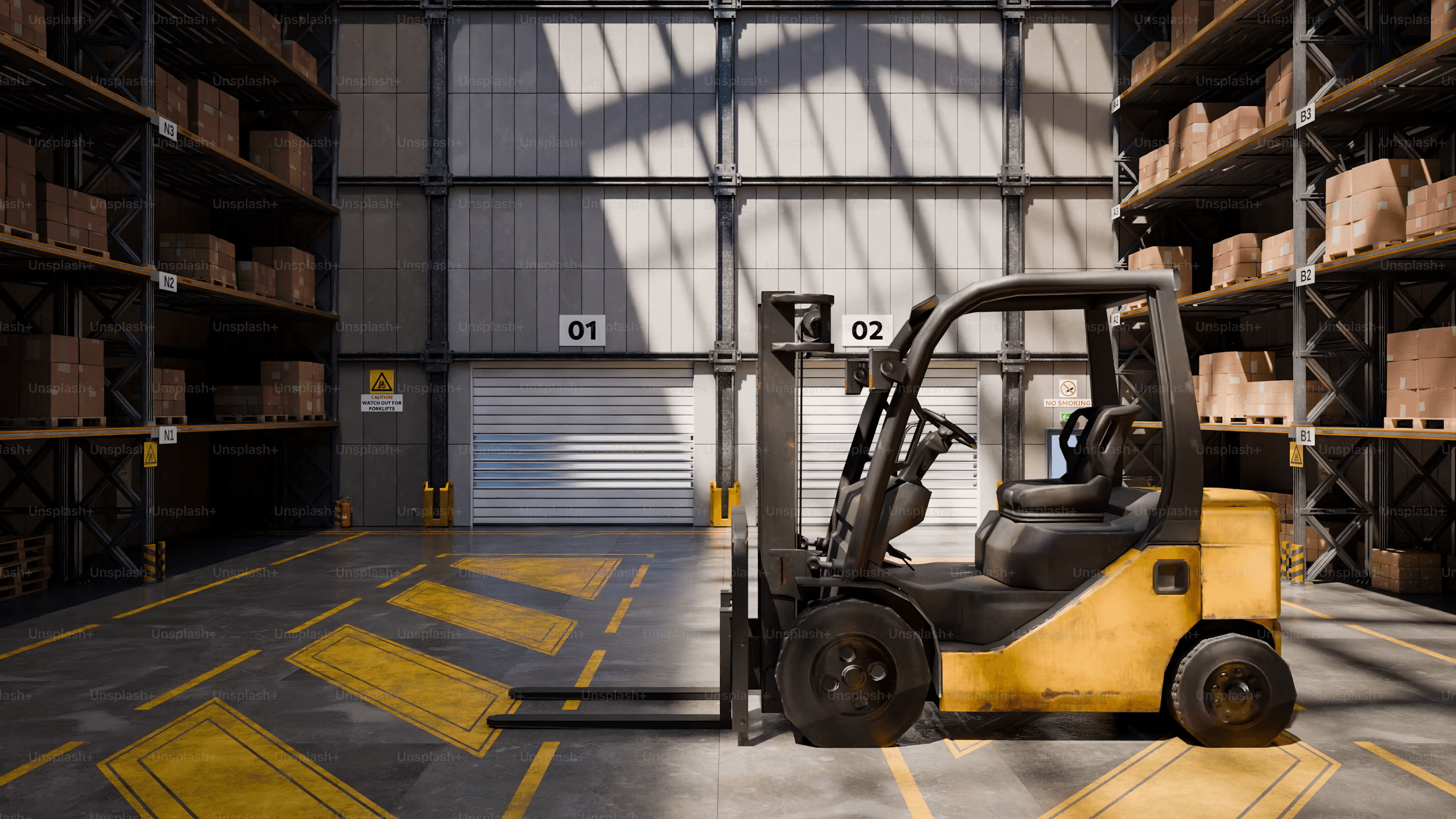 Forklift inside a modern storage warehouse